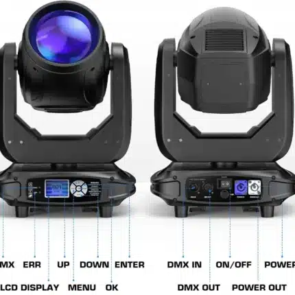 Projecteur Lyre Beam 295W professionnel avec prisme 7 facettes (Prisma 1 7 Facet) et 15 gobos statiques, idéal pour l'éclairage DJ, Disco et les événements au Maroc.