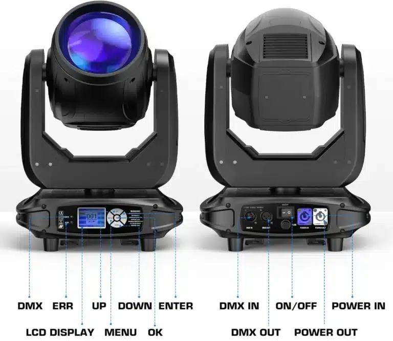 Projecteur Lyre Beam 295W professionnel avec prisme 7 facettes (Prisma 1 7 Facet) et 15 gobos statiques, idéal pour l'éclairage DJ, Disco et les événements au Maroc.