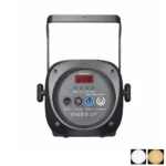 Panneau arrière du Projecteur Fresnel LED 350W détaillant les fiches DMX IN/OUT, l'entrée PowerCON, l'écran d'affichage numérique et les boutons de contrôle.