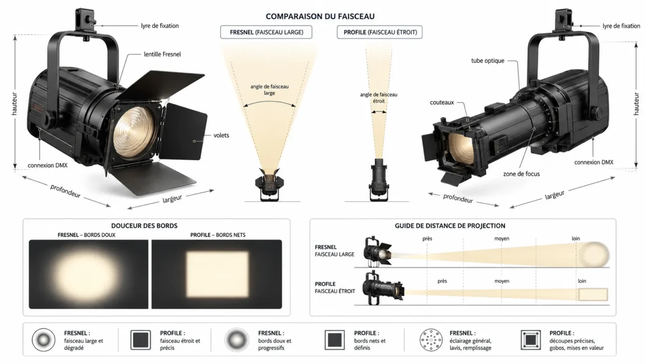 Différence de faisceau entre un Fresnel LED et un projecteur découpe LED