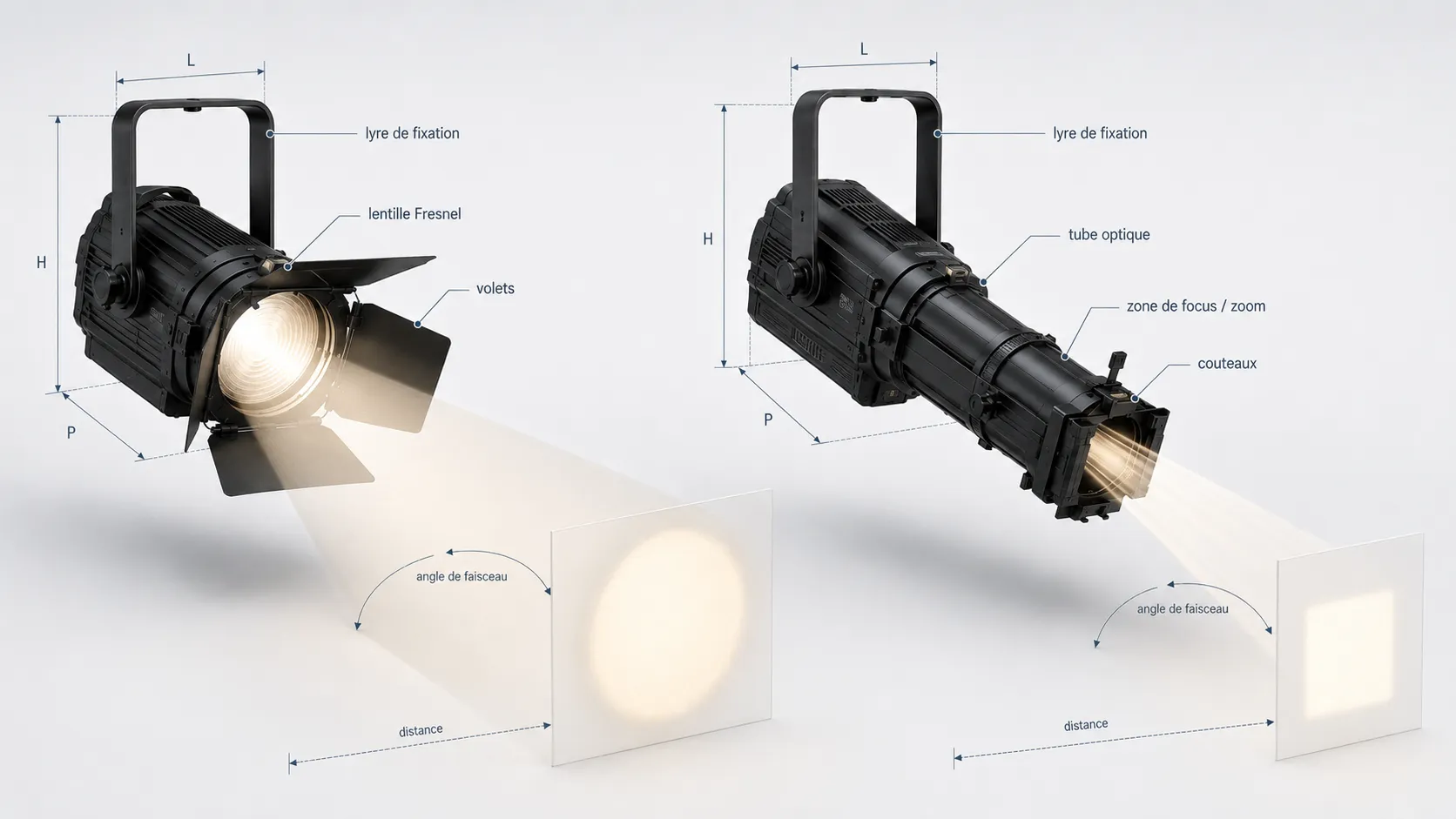 Fresnel LED et un projecteur découpe LED avec Comparaison technique